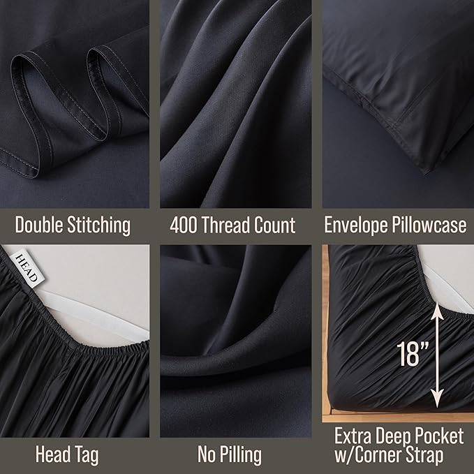Bella Coterie 6 Piece Luxury Bamboo Viscose Queen Size Sheet Set | 100% Organically Grown | Cooling for Hot Sleepers | 18" Deep Pocket | Soft & Hypoallergenic | 4 Pillowcases [Black]