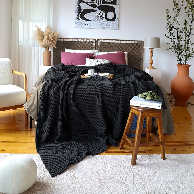 Premium Waffle Blanket Twin Size Black - Premium Quality, 100% Turkish Cotton, Light and Airy Waffle Weave All-Season Quilt - Luxury Decorative Bedspread (Black, Twin 63" x 91" Inch)