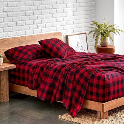 Bare Home Flannel Sheet Set Prints, 100% Cotton, Velvety Soft Heavyweight - Christmas Holiday Sheets - Double Brushed Flannel - Extra Softness, Comfort - Deep Pocket (Twin, Buffalo Plaid - Red/Black)