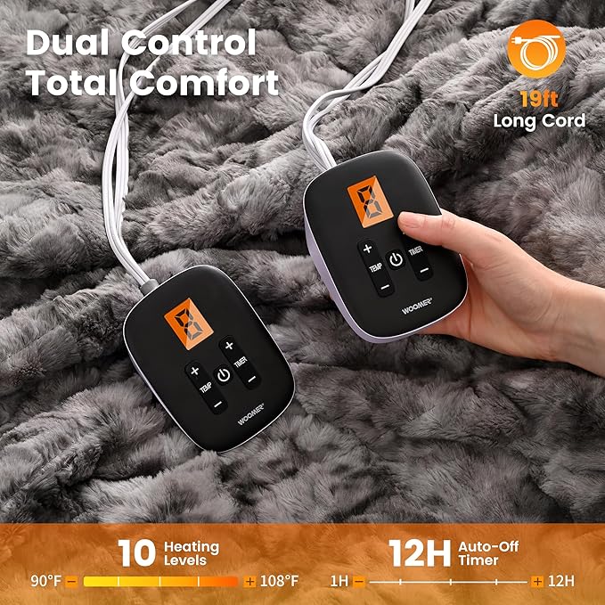 WOOMER Heated Blanket King Size 100" x 90", Electric Blanket with Dual Controllers, 0.5-12 Hours Timer & 10 Heating Levels, ETL Certified, Marble Gray Double-Sided Faux Fur, Machine Washable
