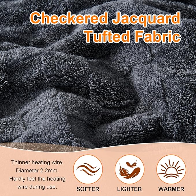 Electric Heated Blanket Twin Size - Jacquard Checkered Sherpa 62"x84" Fast Heating Bed Blankets with 6 Heating Levels & 10 Hours Auto Off, Over-Heat Protection ETL, Dark Gray