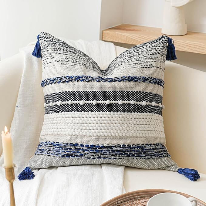 BlissBlush Navy Dark Blue Decorative Throw Pillow Cover 20x20 Square Boho Accent Pillowcase Tassels Farmhouse Cushion for Couch Sofa Bedroom Living Room Home Décor Cover ONLY