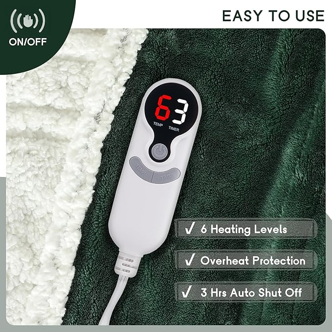 Heated Blanket Electric Throw 50''x60'', 3 Hour Auto Shut-Off 6 Heating Levels Small Warm Soft Flannel Electric Blanket Machine Washable - Grass Green