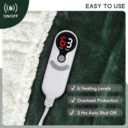 Heated Blanket Electric Throw 50''x60'', 3 Hour Auto Shut-Off 6 Heating Levels Small Warm Soft Flannel Electric Blanket Machine Washable - Grass Green