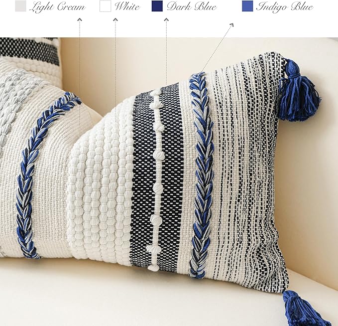 BlissBlush Navy Dark Blue Boho Throw Pillow Cover 22x22 Grey Decorative Accent Pillow for Couch Square Woven Textured Pillowcase Modern Boho Pillow for Bed, Bohemian Pillow Cover (Pack of 1)