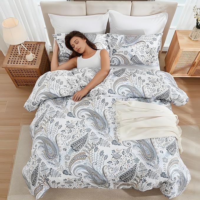 Grey Paisley Duvet Cover King Size 100% Cotton Comforter Covers Soft & Breathable 3 Pcs Luxury Duvet Cover Sets with Zipper Closure All Season