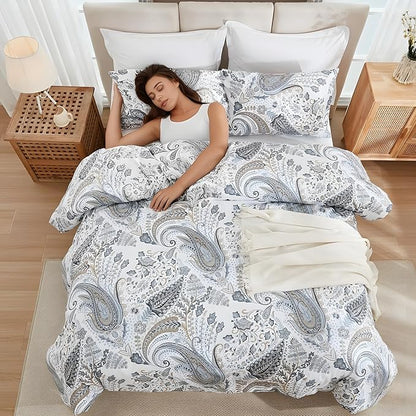 Blue Paisley Duvet Cover Queen Size 100% Cotton Soft & Breathable 3 Pcs Luxury Bedding Duvet Cover Sets with Zipper Closure All Season