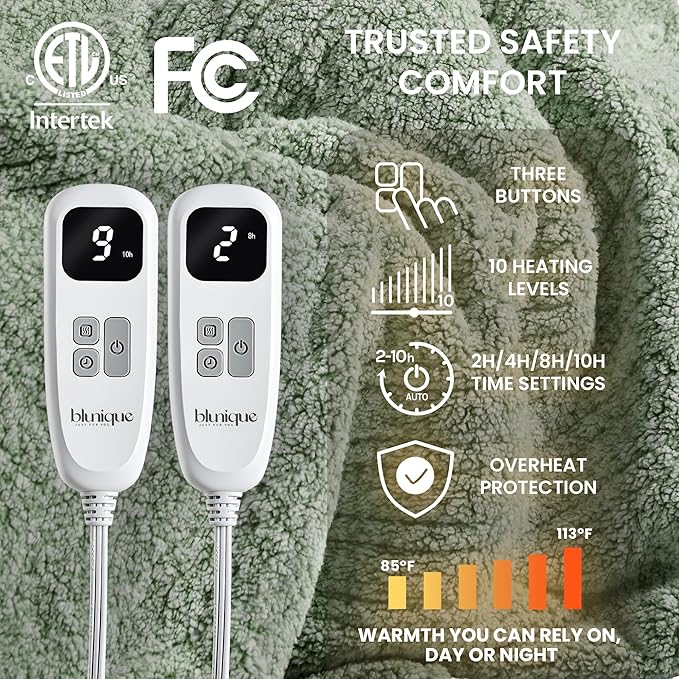 Heated Blanket Electric Blanket Queen - Fast Heating Blanket Throw Dual Control Double Sided Sherpa with 6 Heating Levels & 1-10 Hours Auto Off, Mashine Washable, 84 x 90 Inches, Sage