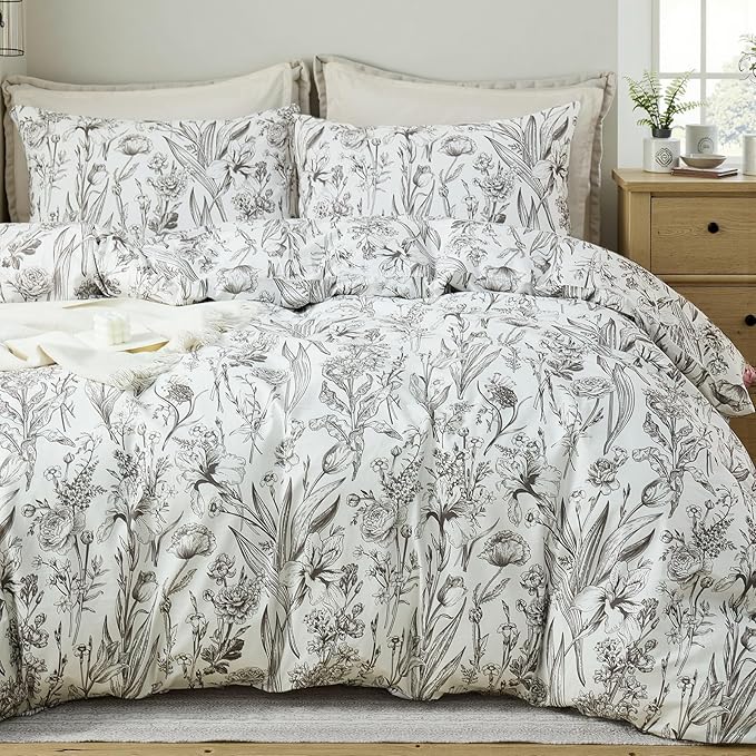 100% Cotton Duvet Cover Queen Size – Vintage Botanical Sketch Elegant Taupe Floral Duvet Cover Set with Zipper Closure, 3-Piece Soft Breathable Natural Premium Cotton Bedding Set