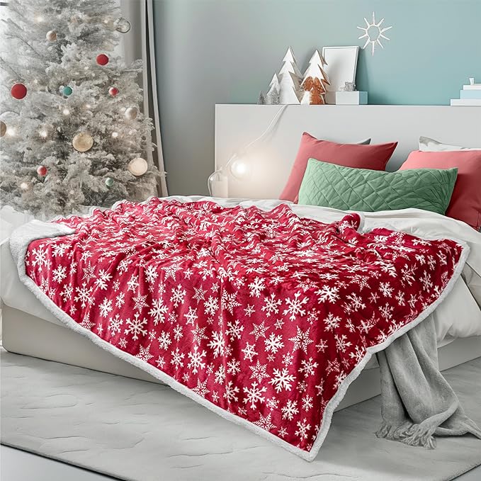 PAVILIA Red Snowflake Christmas Sherpa Throw Blanket, Ultra Soft Reversible Fleece Sherpa 60x80 Winter Blanket for Couch & Bed, Cozy Christmas Home Decor