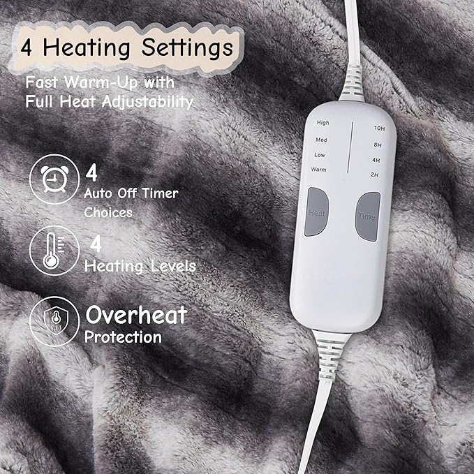 Soypipo Electric Heated Throw Blanket 50"x60", Grey White Striped Faux Fur Plush with 4 Heat Settings & 2/4/8/10H Auto Shut-Off, Overheat Protection, Machine Washable