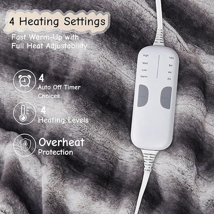 Soypipo Electric Heated Throw Blanket 50"x60", Grey White Striped Faux Fur Plush with 4 Heat Settings & 2/4/8/10H Auto Shut-Off, Overheat Protection, Machine Washable