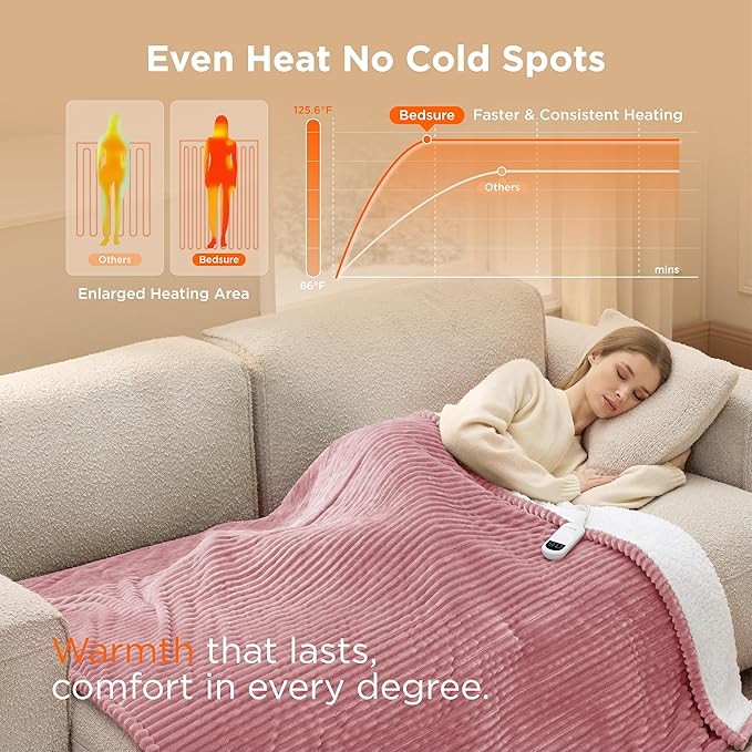 Bedsure GentleSoft Heated Blanket Electric Throw - Soft Ribbed Flannel Electric Blanket, Heating with 4 Time Settings, 6 Heat Settings, and 3 hrs Timer Auto Shut Off (50x60 inches, Pink)