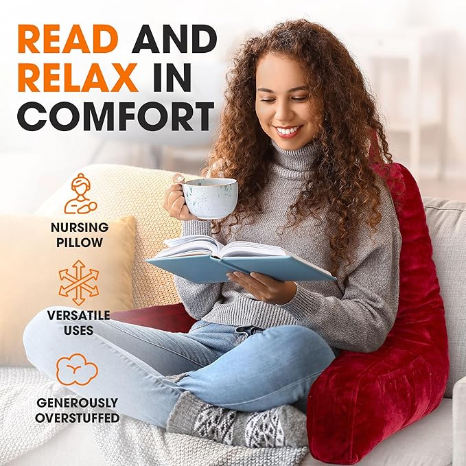 Cheer Collection Reading Pillow with Arms – Portable Bed Pillow for Sitting Up & Support, Foam-Filled Back Rest Pillow for Sitting in Bed & Couch, Machine Washable Maroon (Large)