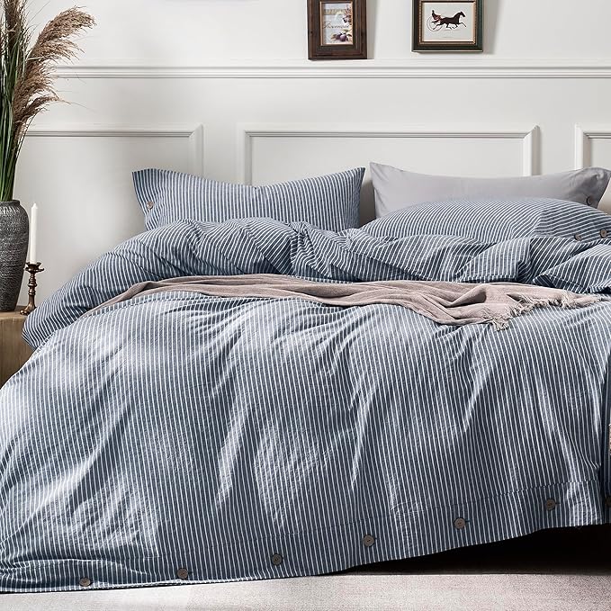 JELLYMONI Cotton Duvet Cover Twin Size - Blue Vertical Pinstriped Comforter Cover with Button 100% Washed Cotton 2PCS Breathable Soft Solid Bedding Set Duvet Cover 68×90in & 1 Pillowcase (NO Insert)
