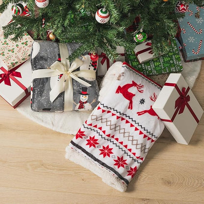 PAVILIA Red White Snowflake Reindeer Christmas Sherpa Throw Blanket, Soft Reversible Fleece Sherpa 60x80 Winter Blanket for Couch & Bed, Christmas Decor