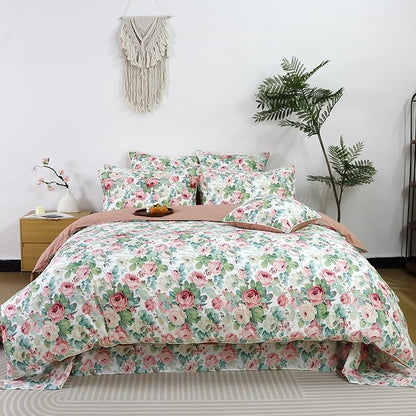 FADFAY Duvet Cover Set Queen Pink Rose Floral Bedding French Country Peony Flower Quilt Cover Set Vintage Farmhouse Bedding 100% Cotton Comforter Cover with Hidden Zipper Closure 3Pcs, Queen Size