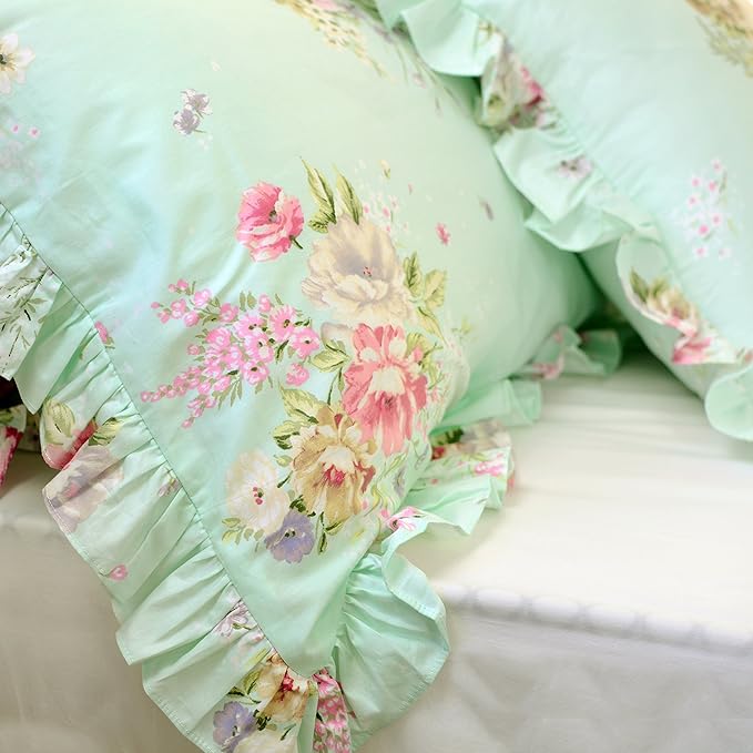 FADFAY Green Floral Duvet Cover Sets Vintage Flower Printed Bedding Ultra Soft 100% Cotton Designer Bedding Set 3 Pieces, 1duvet Cover & 2pillowcases (King/California King Size, Ruffle Style)