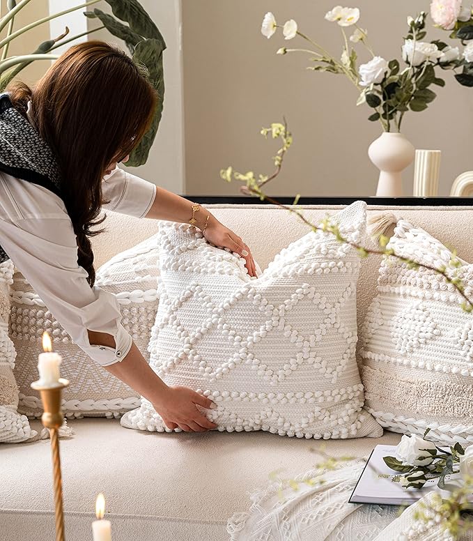 BlissBlush Pure White Decorative Throw Pillow Cover 20X20, Boho Accent Pillow for Couch, Square Modern Farmhouse Pillowcase for Living Room Couch Sofa Cushion Home Décor (Pack of 1)