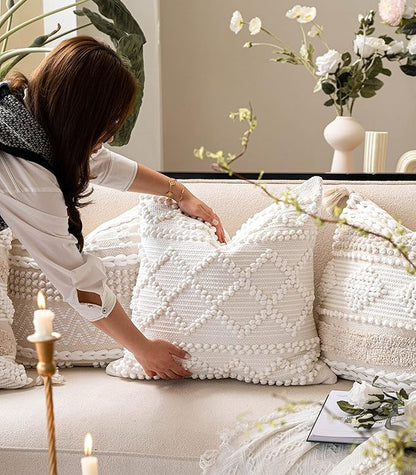 BlissBlush Pure White Decorative Throw Pillow Cover 20X20, Boho Accent Pillow for Couch, Square Modern Farmhouse Pillowcase for Living Room Couch Sofa Cushion Home Décor (Pack of 1)