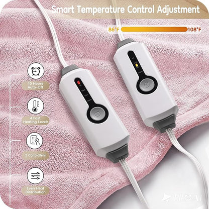 Electric Heated Blanket King Size 90×100, Comfortable & Luxurious Flannel, 4 Heating Levels & 10 H Auto Shut Off, Light Pink