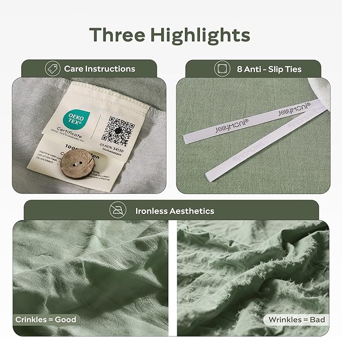 JELLYMONI Cotton Duvet Cover King Size - Sage Green Comforter Cover with Button 100% Washed Cotton 3PCS Breathable Soft Solid Bedding Set Duvet Cover 104×90in & 2 Pillowcases (NO Comforter)