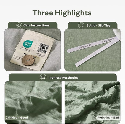 JELLYMONI Cotton Duvet Cover Full Size - Sage Green Comforter Cover with Button 100% Washed Cotton 3PCS Breathable Soft Solid Bedding Set Duvet Cover 80×90in & 2 Pillowcases (NO Comforter)
