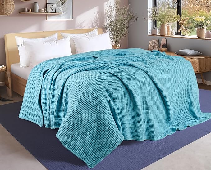 Tex Trend Waffle Blankets – 100% Cotton Blankets Queen Size – Breathable and Soft for Christmas – Suitable for Bed Layering, Sofa and Couch - Blue (90”x90”)