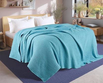 Tex Trend 100% Cotton Blankets King Size – Durable and Versatile Waffle Weave Blankets for Christmas & Year Round Coziness – Breathable & Lightweight - Blue (90”x108”)