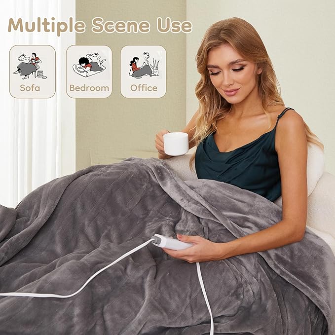 Electric Heated Blanket Throw Size 50×60, Breathable & Luxurious Flannel,Soft Warm Gift with Over-Heat Protection,4 Heating Levels & 3 H Auto Shut Off, Machine Washable, Light Grey