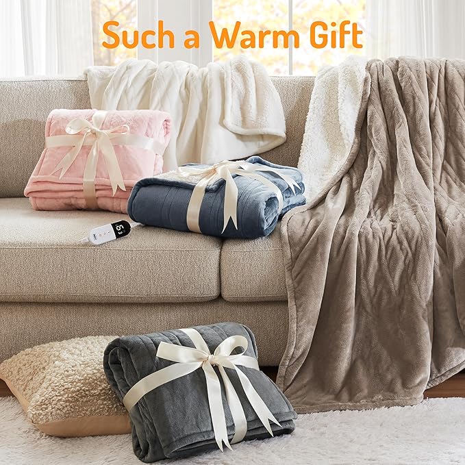 Degrees of Comfort Electric Throw Blanket Full Size - Soft Sherpa Heating Blankets with 6 Heat Settings, 10-Hour Auto Shut-Off, Overheat Protection, Etl Certified (Grey, 72x84 '' for Winter)