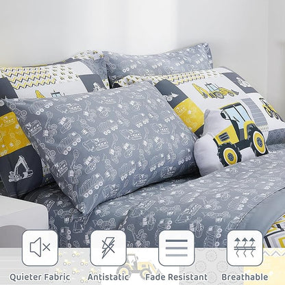 Mooreeke Kids Full Comforter Sets for Boys 8 Pieces Yellow Excavator Bedding Set for Teens Microfiber Kids Bed in A Bag with Comforter, Sheet Set, Shams and Decorative Toy Pillow All Season