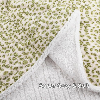 Electric Heated Blanket Throw 50"×60" with 6 Heating Levels &3 Hours Auto Off, Heating Double Sided Plush Sherpa, Fast Heating, Machine Washable Leopard Print Green & White