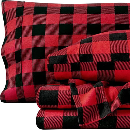 Bare Home Flannel Sheet Set Prints, 100% Cotton, Velvety Soft Heavyweight - Christmas Holiday Sheets - Double Brushed Flannel - Extra Softness, Comfort - Deep Pocket (Full, Buffalo Plaid - Red/Black)
