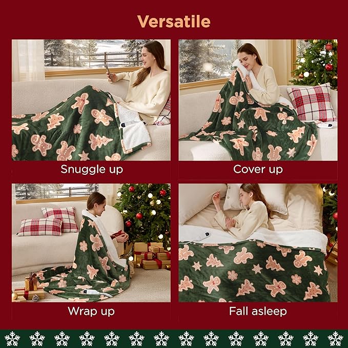 Bedsure Heated Blanket Throw - Flannel Sherpa Electric Blanket with Gingerbread Pattern, for Grandma, Heated Throw with 6 Heating Levels, 4 Time Settings, 3-Hour Auto-Off (50"x60")