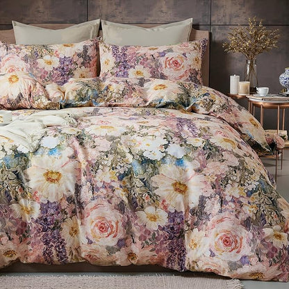 100% Cotton Duvet Cover Queen Size – Romantic Garden Impressionist Floral Duvet Cover Set with Zipper Closure, 3-Piece Luxury & Soft Bedding Set for All Seasons