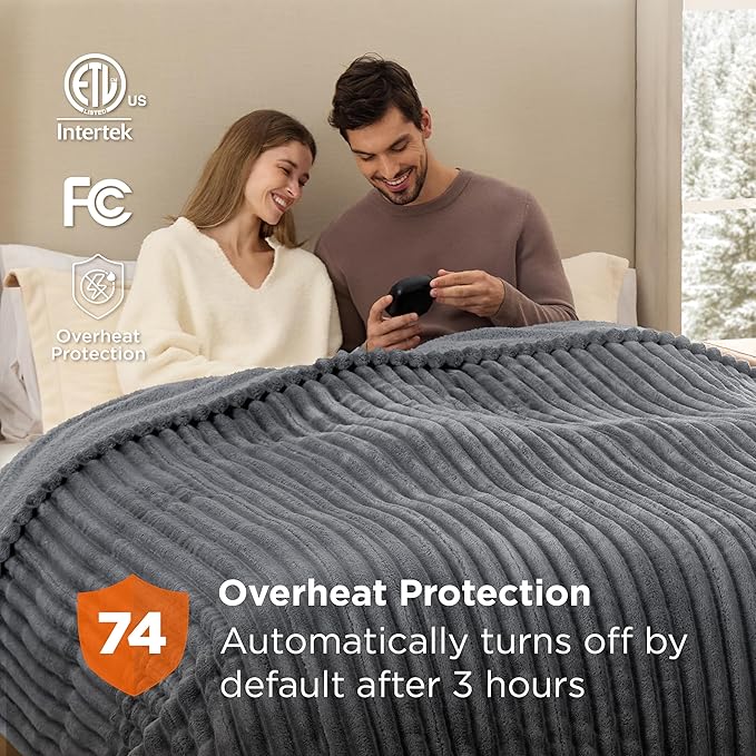 Bedsure Electric Blanket Queen Size - Thick Striped Flannel Electric Blanket with Dual Control, Heating with 10 Heat Settings & 10 Time Settings, 8 hrs Timer Auto Shut Off (84x90 inches, Grey)