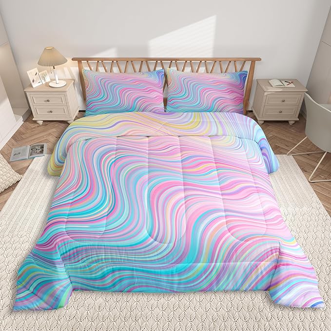 Feelyou Girls Pink Comforter Set Queen Size Kids Rainbow Stripe Bedding Set for Boys Teens Women Die Tye Comforter Breathable Geometric Duvet Princess Decor Quilt,1 Comforter with 2 Pillowcase