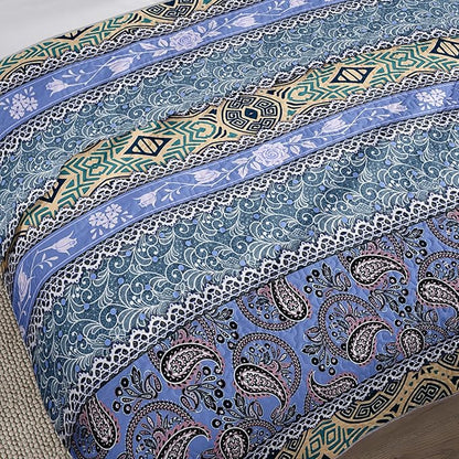 Blue Bohemian Quilt Set Queen Size,Boho Striped Printed Bedding Bedding Set for Summer,Retro Soft Lightweight Microfiber Quilt with 2 Pillowcases.