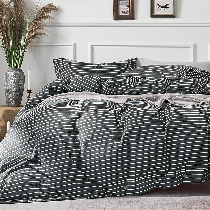 JELLYMONI Cotton Duvet Cover Full Size - Gray Pinstriped Comforter Cover with Button 100% Washed Cotton 3PCS Breathable Soft Solid Bedding Set Duvet Cover 80×90in & 2 Pillowcases (NO Comforter)