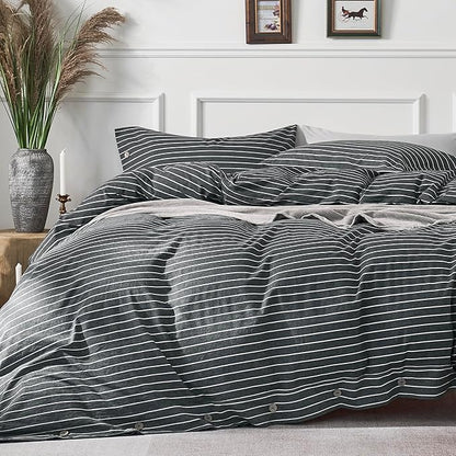 JELLYMONI Cotton Duvet Cover Cal King Size - Gray Pinstriped Comforter Cover with Button 100% Washed Cotton 3PCS Breathable Soft Bedding Set Duvet Cover 104×98in & 2 Pillowcases (NO Comforter)