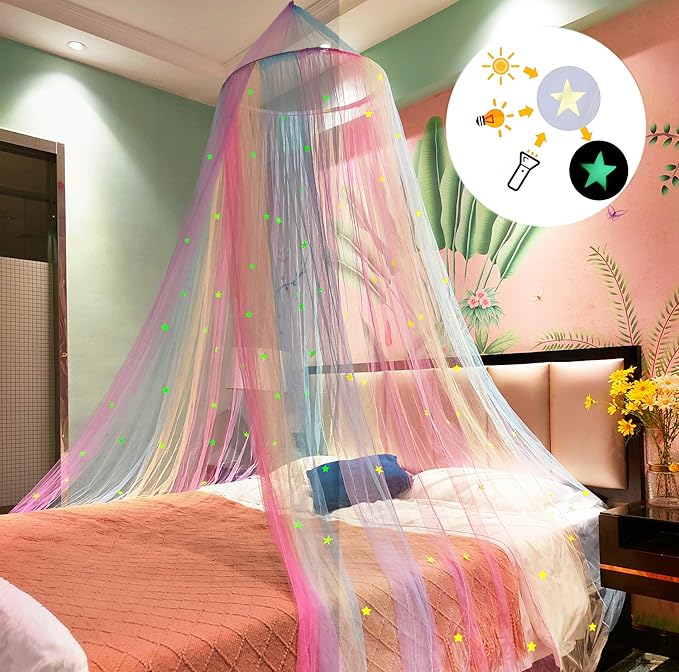 Eimilaly Princess Rainbow Bed Canopy with Stars Glow in The Dark, Bed Canopy for Girls Room Decor or Unicorn Theme Party