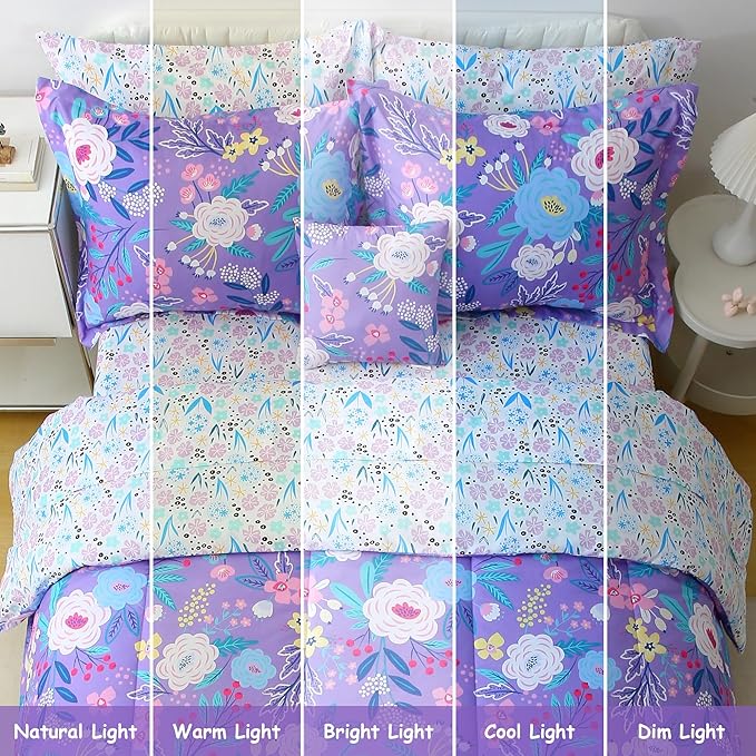 Mooreeke Kids Twin Comforter Sets for Girls 6 Pieces Purple Floral Bedding Set for Teens Microfiber Flowers Kids Bed in A Bag with Comforter, Sheet Set, Shams and Decorative Toy Pillow All Season