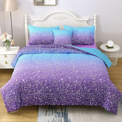 6Pcs Glitter Comforter Set with Sheets for Teens Girls Kids, Colorful Gradient Glitter Themed Bed in a Bag Full Size, Blue Purple 3D Sparkly Galaxy Bedroom Decor Bedding Set