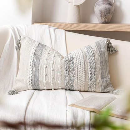 BlissBlush Gray Decorative Lumbar Pillow Cover 14x24, Grey Boho Long Body Pillow for Bed, Farmhouse Lumbar Throw Pillow for Couch, Modern Accent Textured Throw Pillowcase