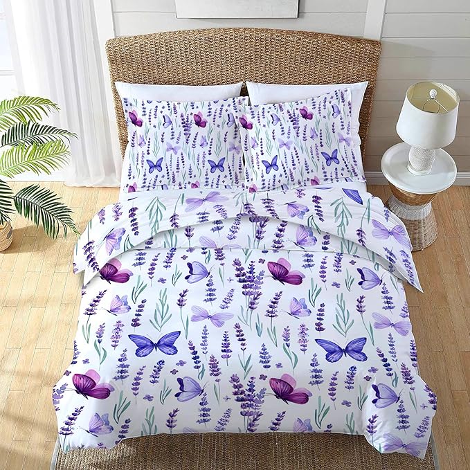 Lavender Bedding Set 3 Pieces King Size Purple Butterfly Duvet Cover Comforter Cover Sets with 2 Pillowcases for Boys Girls Teens Women