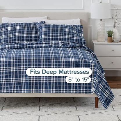 Bare Home Flannel Sheet Set Prints, 100% Cotton, Velvety Soft Heavyweight - Double Brushed Flannel for Extra Softness & Comfort - Deep Pocket - Bed Sheets (Twin XL, Stirling Plaid - Blue/White)