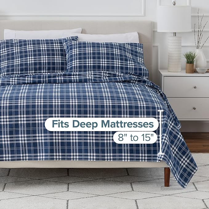 Bare Home Flannel Sheet Set Prints, 100% Cotton, Velvety Soft Heavyweight - Double Brushed Flannel for Extra Softness & Comfort - Deep Pocket - Bed Sheets (Twin, Stirling Plaid - Blue/White)