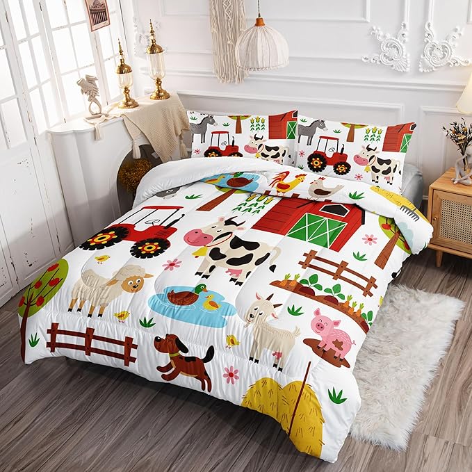 Kids Comforter Set Farm Theme Printed Pattern Bedding Set with 1 Comforter and 2 Pillowcases for Girls Boys Bedroom All Season(Farm Theme01 Queen)