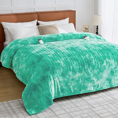 greenoak Heated Electric Blanket Throw, Faux Fur Sherpa Heating Blanket for Sofa Bed, Warm Winter Gifts for Women/Her, Heater Lap Blankets 5-Position Timer &10 Heating Levels 84''*90" Aqua